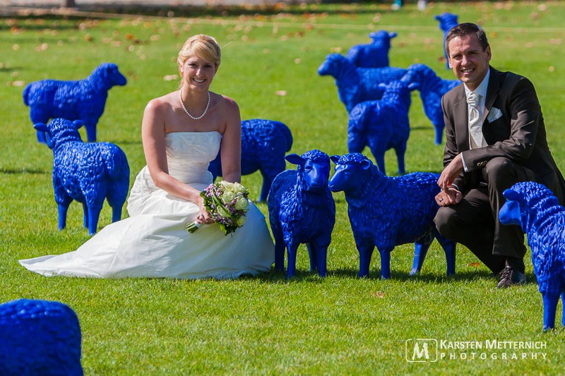 Hochzeitspaar & Blaue Schafe in Wiesbaden auf dem Bowlinggreen