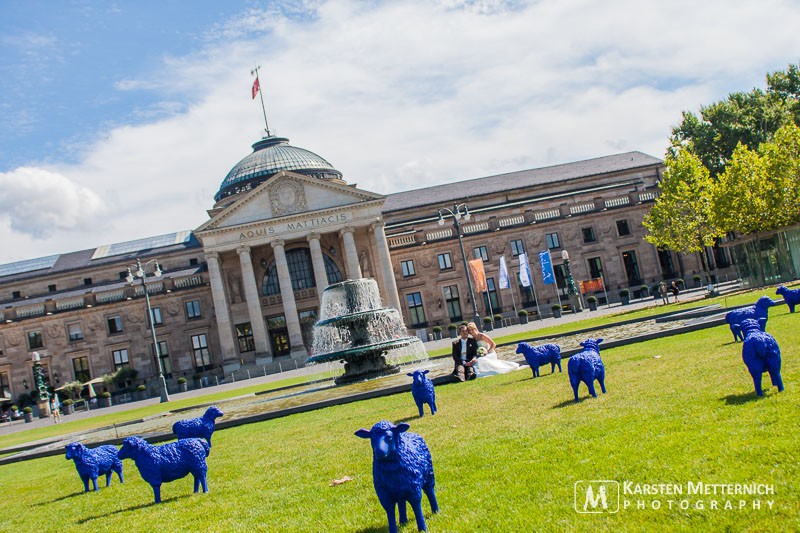 Hochzeitspaar & Blaue Schafe in Wiesbaden auf dem Bowlinggreen