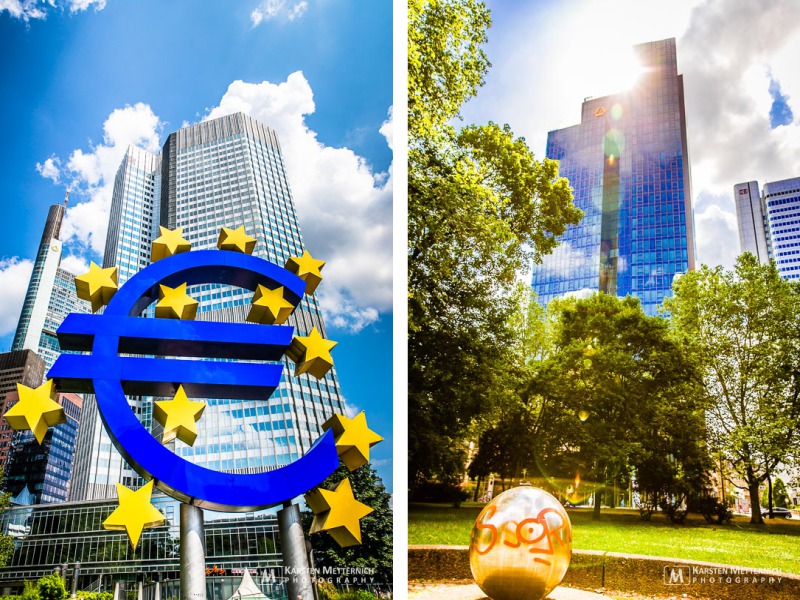 Euro-Zeichen vor der EZB in Frankfurt und Gallileo der Commerzbank mit LensFlare